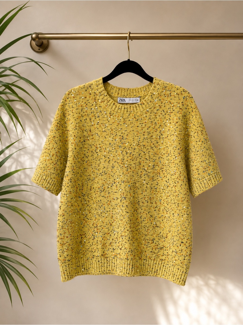Zara Yellow Sequin Knit Short Sleeve Sweater XL
